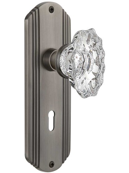Streamline Deco Mortise-Lock Set with Chateau Crystal Glass Knobs in Antique Pewter.